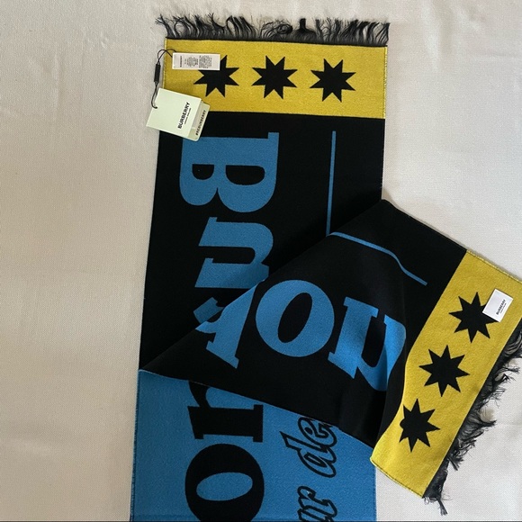 BURBERRY MENS BLUE JACQUARD LOGO SCARF MADE IN ITALY - Picture 5 of 8